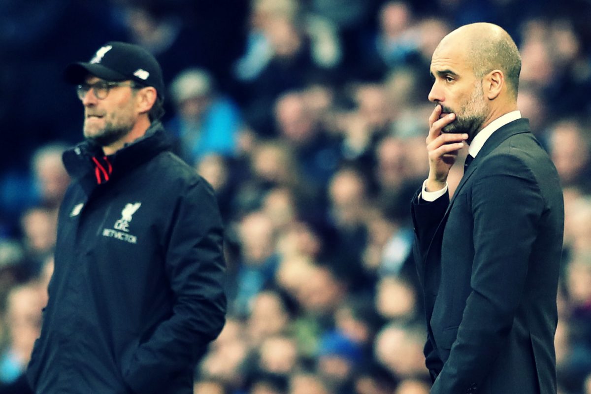 Jurgen Klopp and Pep Guardiola during a fixture between Liverpool and Manchester City