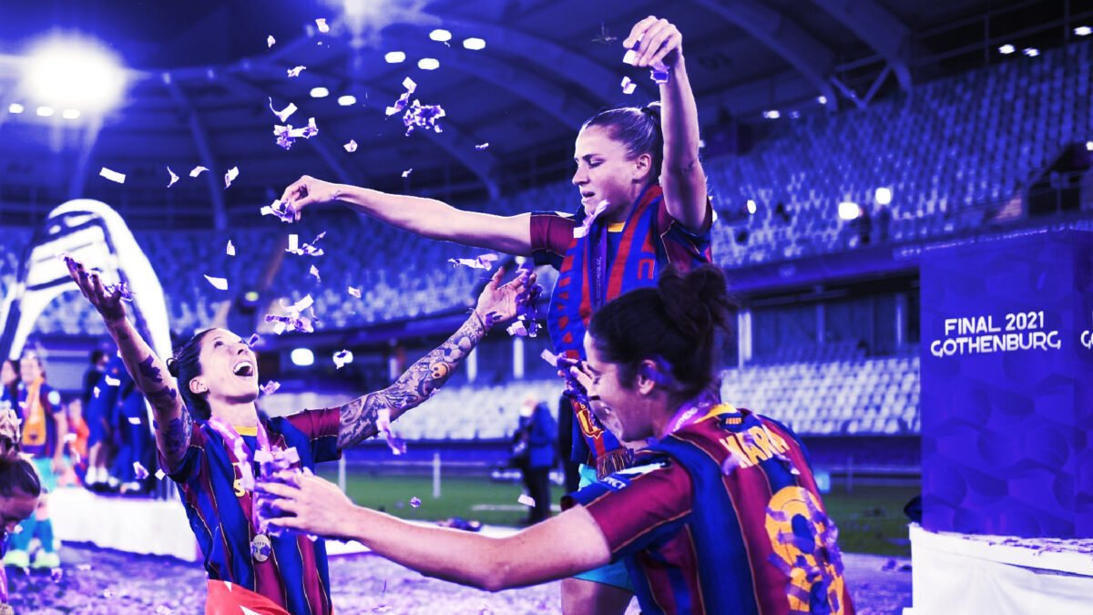 Barcelona women celebrate winning Champions League final against Chelsea