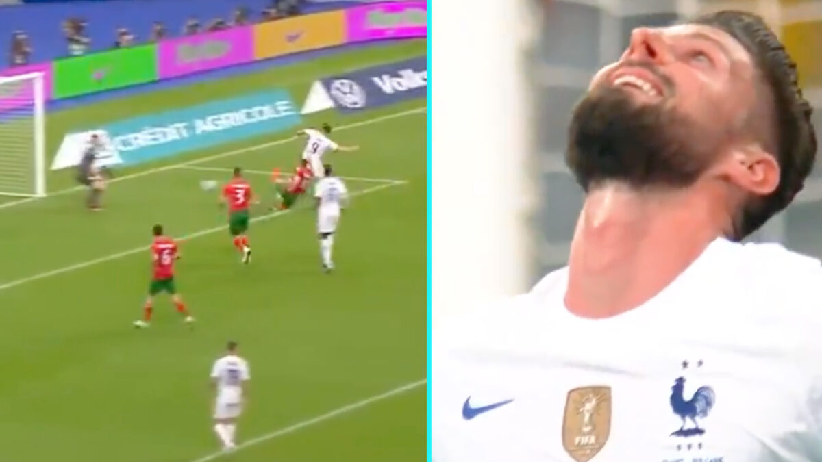 Olivier Giroud thanks god after scoring a goal against Bulgaria