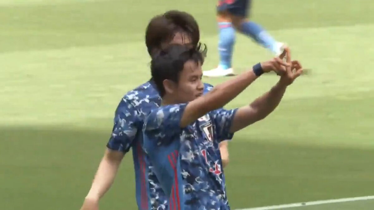 Takefusa Kubo celebrates scoring a 4-man nutmeg goal against Jamaica