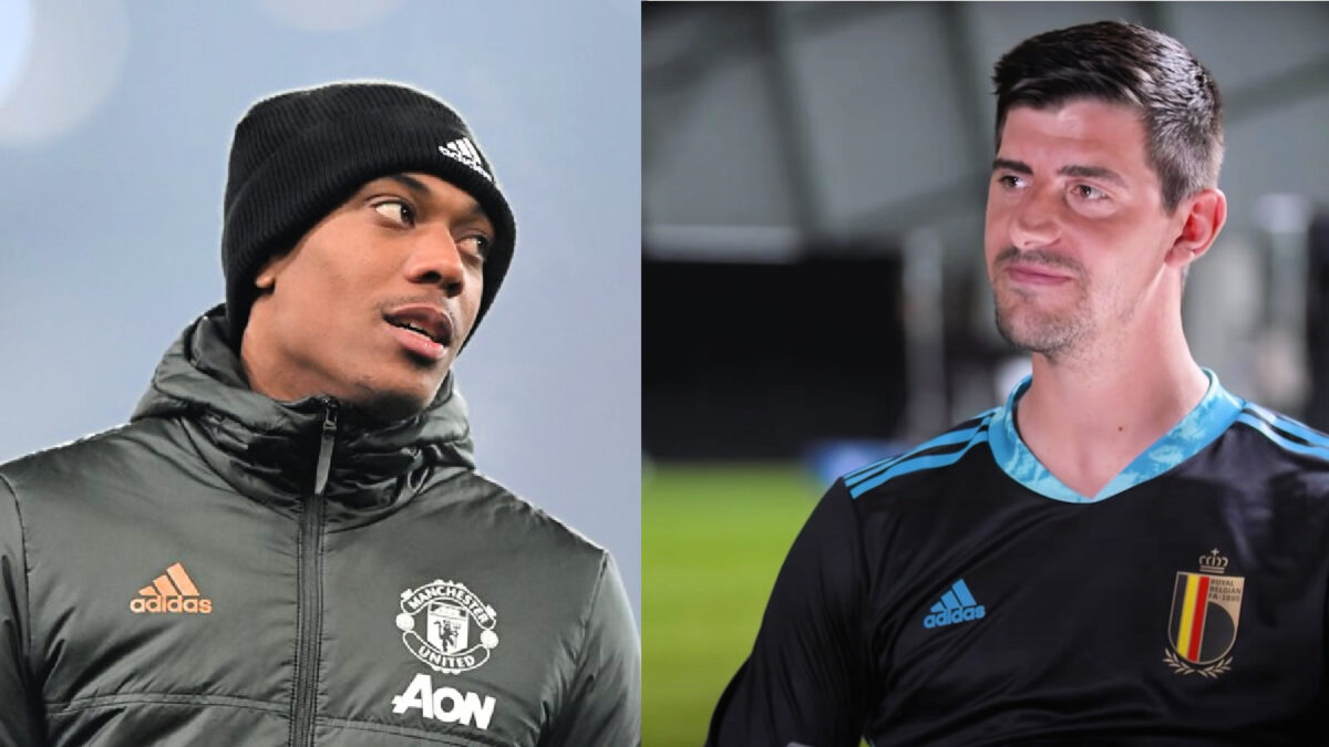 Anthony Martial (left) getting disrespected by Thibaut Courtois (right)