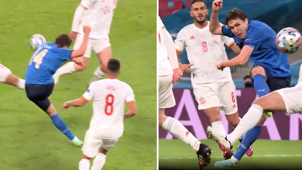 Federico Chiesa in the process of curling a stunning goal against Spain