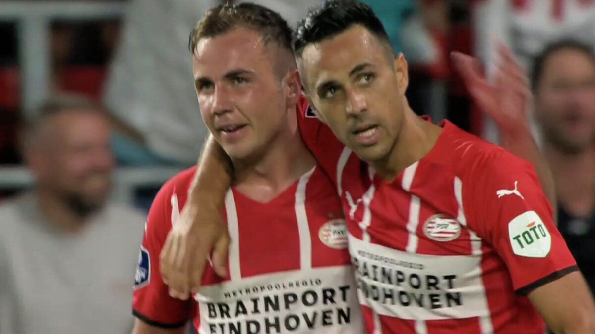 Mario Gotze and Eran Zahavi celebrate together after combining to score a peach of a goal against Galatasaray