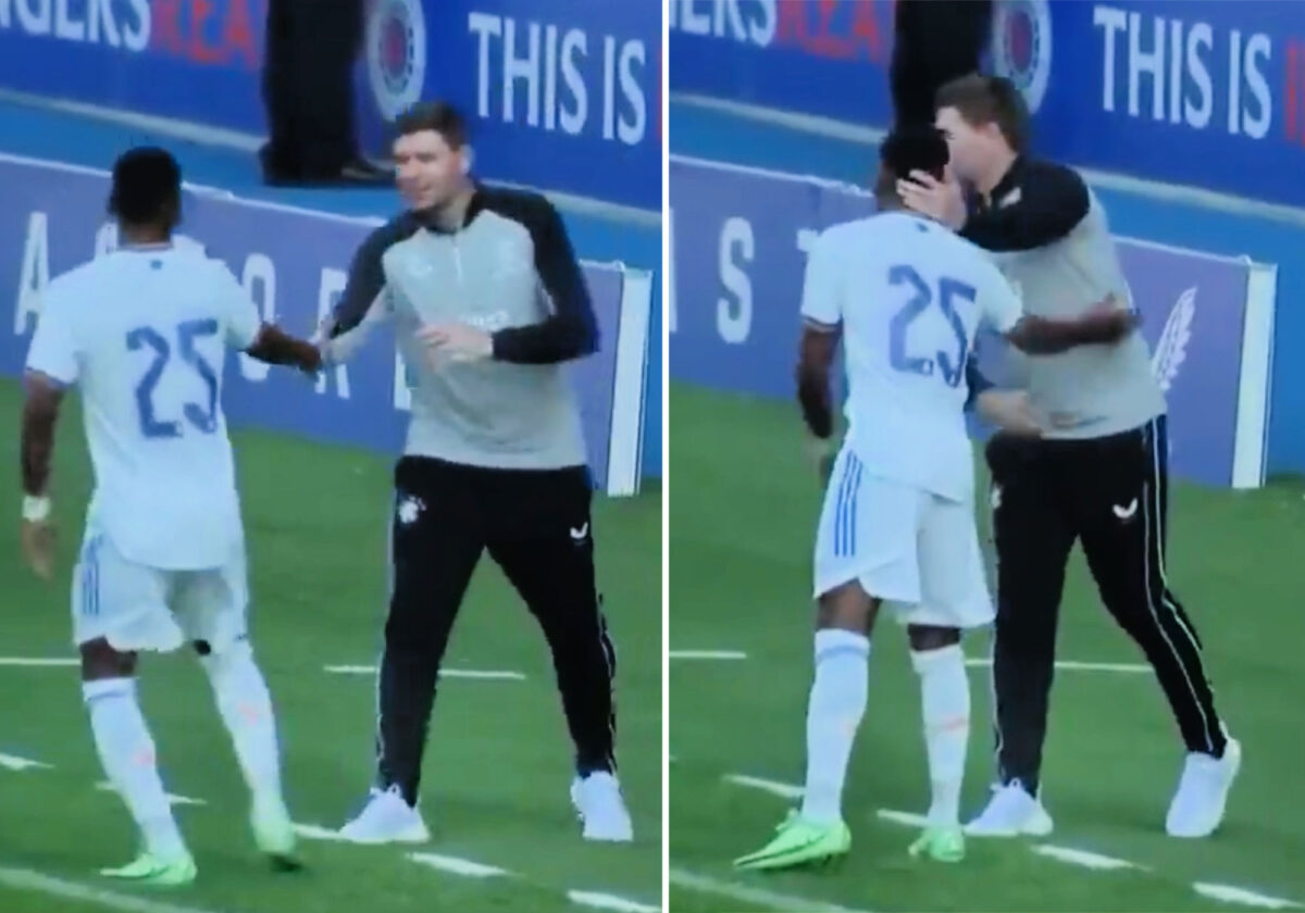 Rodrygo shakes hands with Steven Gerrard during Real Madrid's pre-season friendly against Rangers