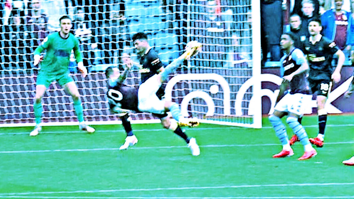 Danny Ings puts Aston Villa ahead with a stirring overhead kick goal v Newcastle United