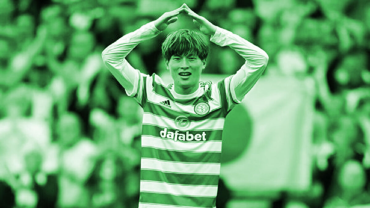 Kyogo Furuhashi celebrates scoring a goal for Celtic