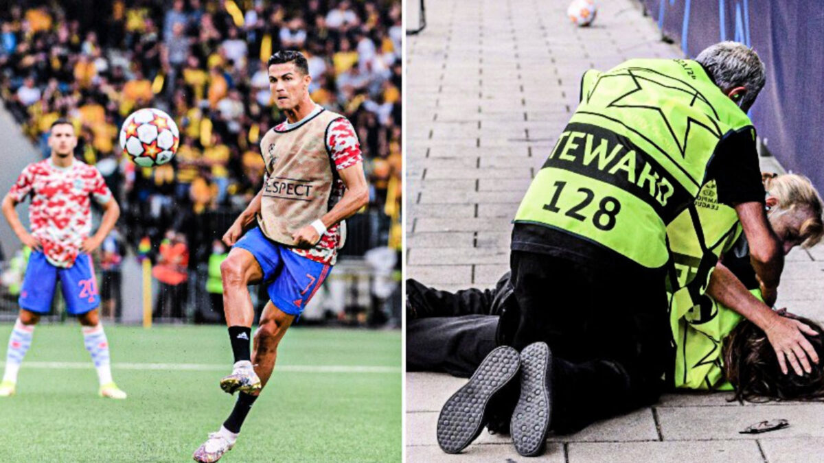 A steward got hit by a shot from Ronaldo in the warm-up, and Ronaldo gave her a shirt to make up for it