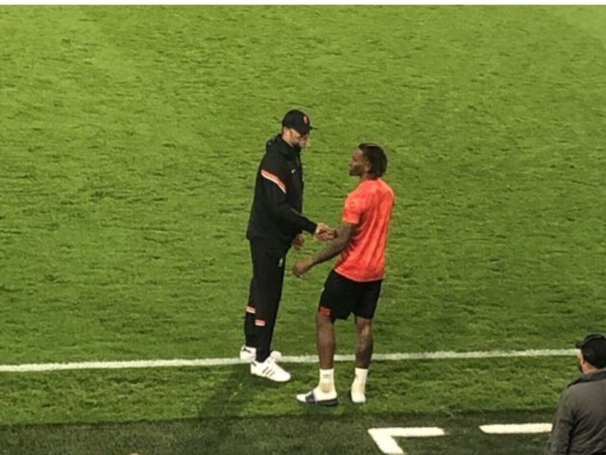 Jurgen Klopp having a chat with Ivan Toney post-game