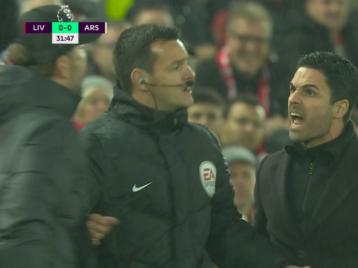 Mikel Arteta shouts at Jurgen Klopp at Anfield