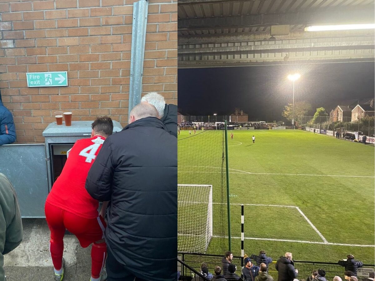 Phil Turnbull repairing floodlights at Marine Travel Arena