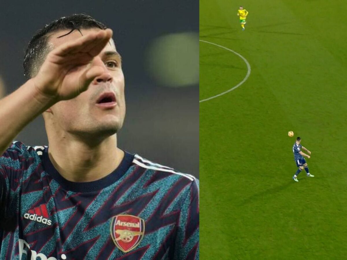 Granit Xhaka controls ball using his back against Norwich