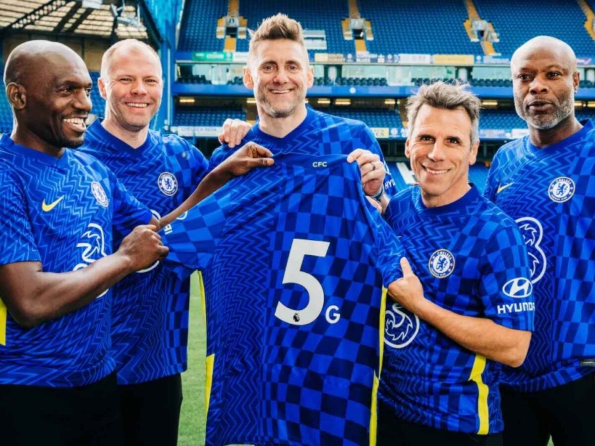 Former Chelsea player Gianfranco Zola, Eidur Gudjohnsen, William Gallas, Rob Green and Geremi during launch of 5G services at Stamford Bridge