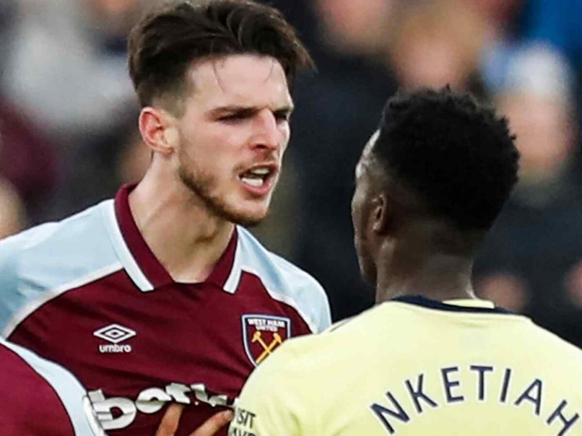 Declan Rice in confrontation with Eddie Nketiah