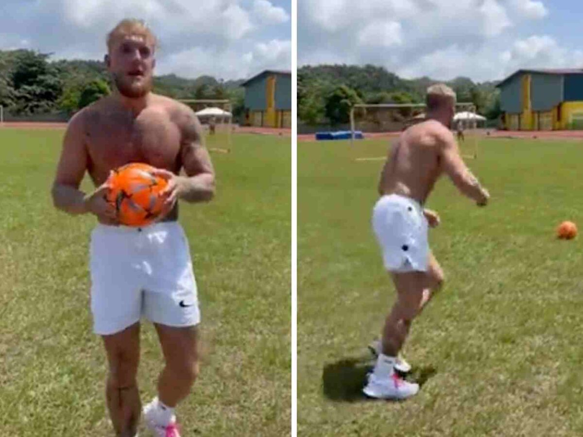 Jake Paul kicking a football.