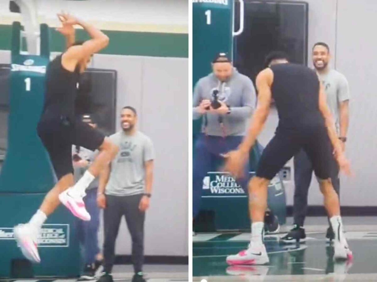 The photo shows Giannis Antetokounmpo doing Cristiano Ronaldo's Siu celebration during a practice session with Milwaukee Bucks