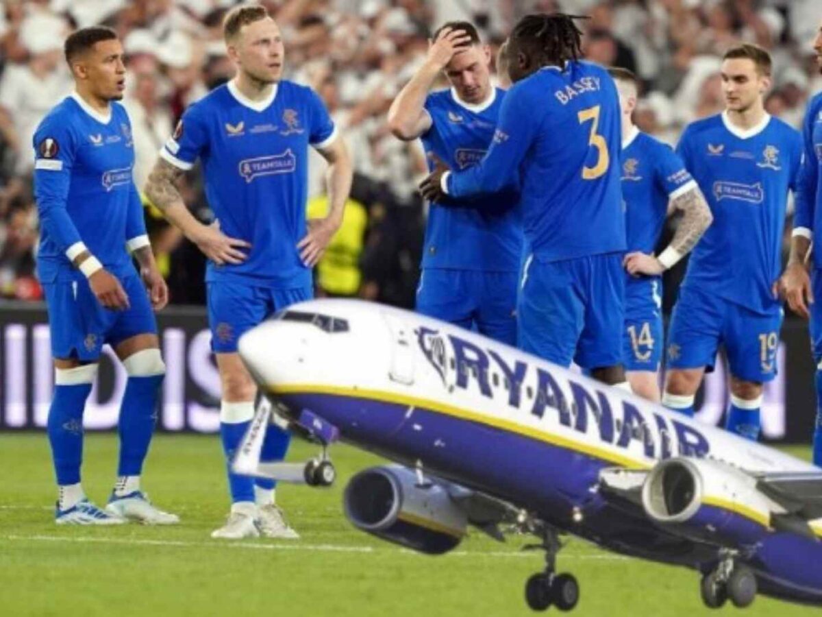 The photo shows Rangers players and a Ryanair plane.