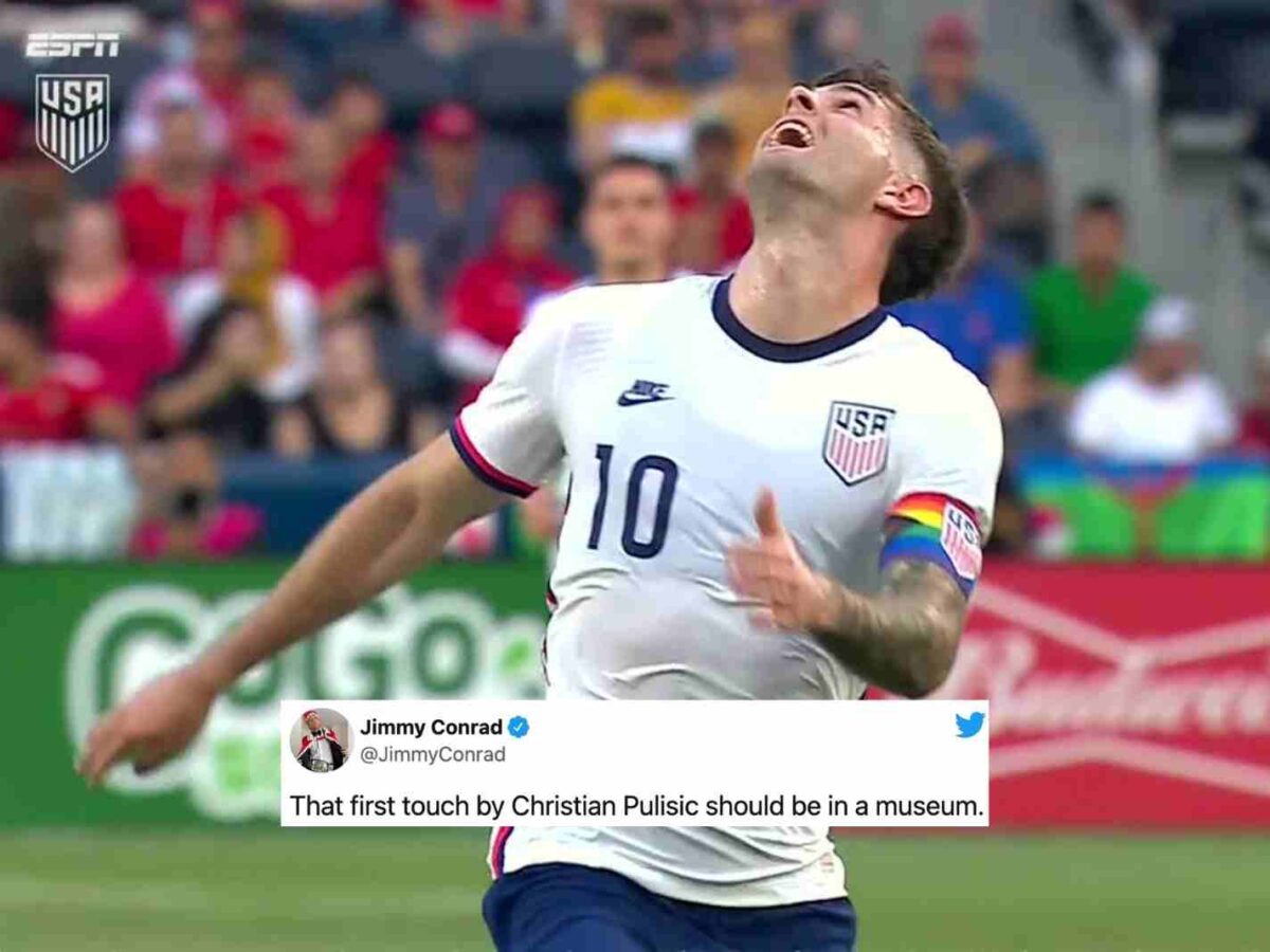 Christian Pulisic with head up in the air watching the ball before pulling off a stunning first touch.