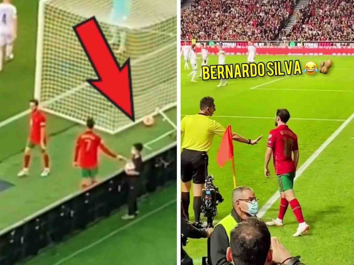 Cristiano Ronaldo shakes hands with ballboy as Bernardo Silva jokes with linesman