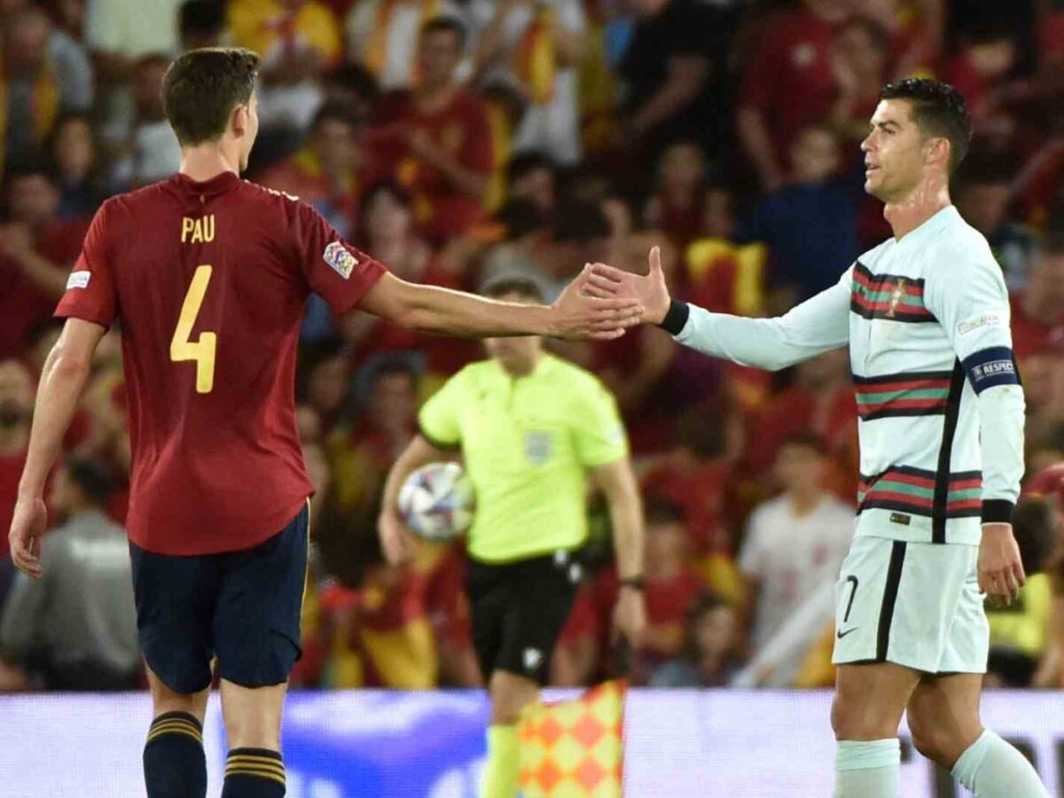 Pau Torres and Cristiano Ronaldo shaking hands after Spain v Portugal