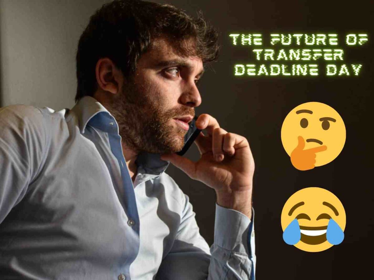 Photo of Fabrizio Romano along with text 'The Future of Transfer Deadline Day' plus thinking and crying laughing emoji